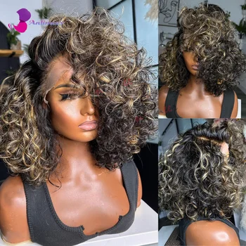 Afro peruk insan saçı Kısa Kabarık Peruk 360 peruk insan saçı Tam Dantel %100 % İnsan Saçı dantel ön peruk s Şeffaf Dantel ön peruk
