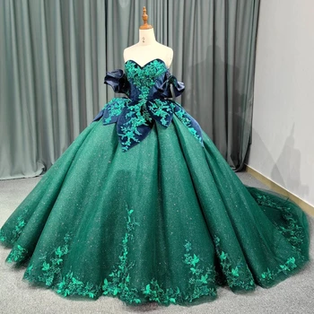 Zümrüt Yeşil Balo Quinceanera Elbise 2024 Dantel Aplike Boncuk Uzun Tren XV Prenses Vestidos De 15 Años Doğum Günü Tatlı 16