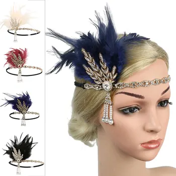 Kadın Balo Başlığı Tüy Sineklik Kafa Bandı Parlak Great Gatsby Headdress Vintage Rhinestone Sahte İnciler Boncuk saç aksesuarları