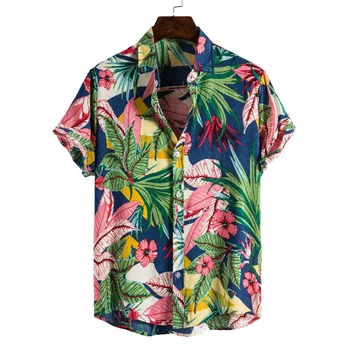 Erkek Eğlence Gömlek Hawaii Tarzı İpek Pamuk Çiçek desen Kısa kollu Yaka Gömlek Tasfiye satışı Toptan Drop Shipping
