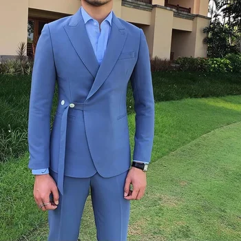 Yeni Moda Erkek Takım Elbise Mavi Tepe Yaka ve Kemer Keten erkek Giyim Akıllı Rahat Damat Düğün Slim Fit 2 Parça Blazer Pantolon
