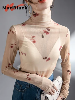 MadBlack Avrupa Giysileri Tshirt Kadınlar Seksi Çiçek Balıkçı Yaka Örgü Üstleri Tam Kollu Elastik Tees Sonbahar Kış 2023 Yeni T37417JC