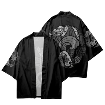Moda Geleneksel Baskı Siyah Kimono Haori Erkek Kadın Hırka Büyük Boy asya kıyafetleri Yaz Plaj Japon Yukata