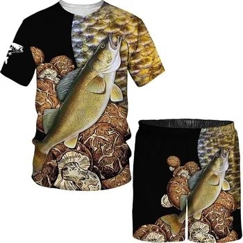 Balıkçılık Tema Baskı women's_men erkek T-shirt Setleri Yeni Rahat Pantolon hip hop giysileri Tee Takım Elbise 3D Kadın 2 parça Set Giyim Erkek