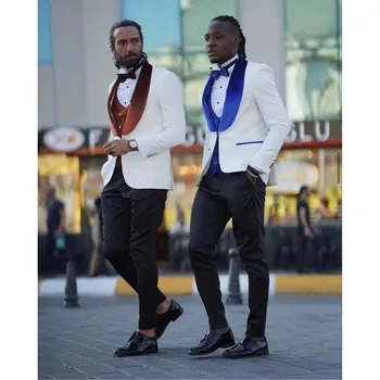2023 Düğün Erkekler Beyaz Kraliyet Mavi Kadife Şal Yaka Takım Elbise İş Resmi Kostüm Homme Slim Fit 3 Adet Set Ceket Yelek Pantolon